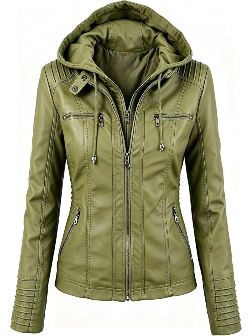 Women’s Green Hooded Faux Leather Motorcycle Jacket Zip Up Casual Biker Coat